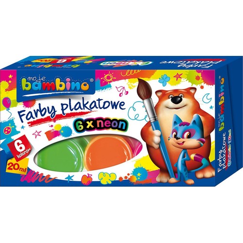 Zestaw farb plakatowych Moje Bambino, składający się z 6 neonowych kolorów, każdy w pojemności 20 ml. Opakowanie przedstawia wesołego brązowego misia z pędzlem i niebieskiego kotka. Przezroczyste okienko ukazuje zieloną, pomarańczową i różową farbę.