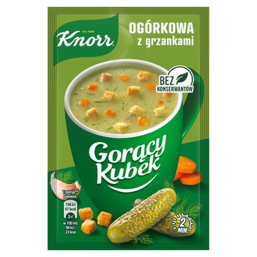 Saszetka Knorr Gorący Kubek, zupa ogórkowa z grzankami. Na opakowaniu grafika miski z zupą i ogórków.