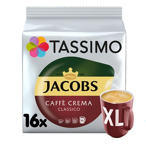 Kapsułki kawy Tassimo Jacobs Caffè Crema Classico. Na białym opakowaniu widnieje logo Tassimo i Jacobs. Produkt zawiera 16 kapsułek kawy. Obok opakowania znajduje się czerwony kubek z kawą z pianką, symbolizujący dużą porcję.