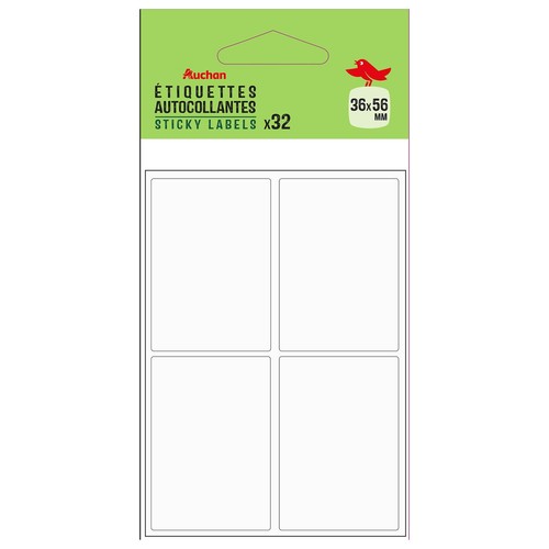 Opakowanie 32 białych etykiet samoprzylepnych marki Auchan. Każda etykieta ma wymiary 36x56 mm. Opakowanie ma zieloną górę z logo Auchan i czerwonym ptakiem, a na dole widoczne są cztery puste, prostokątne etykiety.