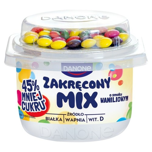 Kubeczek Danone Zakręcony Mix o smaku waniliowym. Na wieczku kolorowe drażetki.