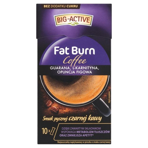 Opakowanie Big-Active Fat Burn Coffee z guaraną i L-karnityną. Wspomaga metabolizm tłuszczów. 10 porcji.