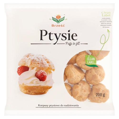 Białe opakowanie Brześć Ptysie, 200g. Zawiera korpusy ptysiowe do nadziewania. Z przodu grafika ptysia z bitą śmietaną i malinami oraz okienko z widocznymi pustymi ptysiami. Produkt z czystą etykietą.