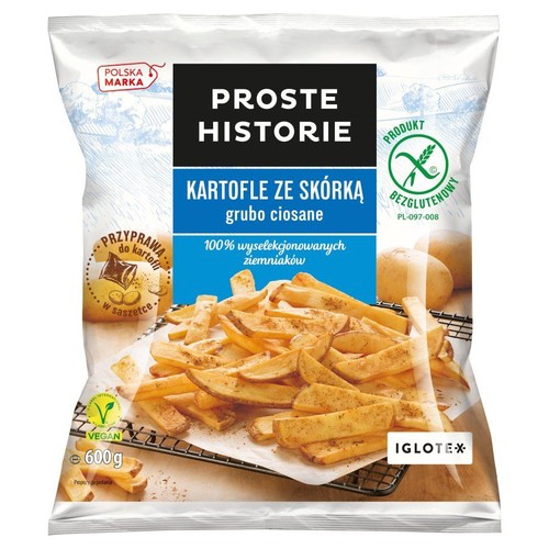 Białe opakowanie mrożonych ziemniaków Proste Historie, Kartofle ze skórką, 600g. Zawiera przyprawę w saszetce.