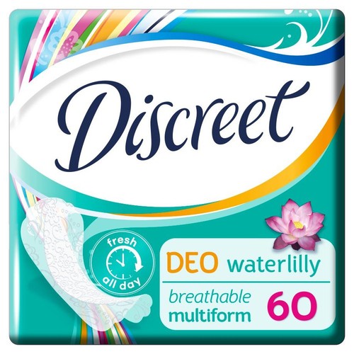 Discreet wkładki higieniczne, 60 sztuk. Oddychające, wielokształtne, z zapachem lilii wodnej.