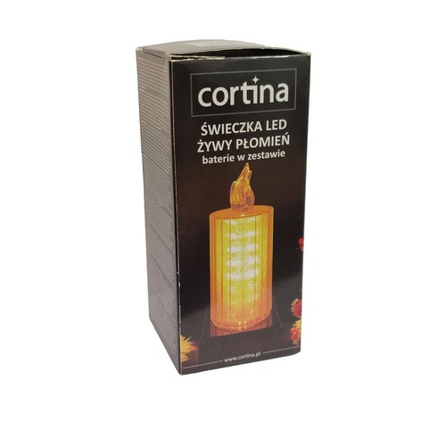 Opakowanie świeczki LED Cortina z żywym płomieniem. Na pudełku grafika pomarańczowej świeczki.