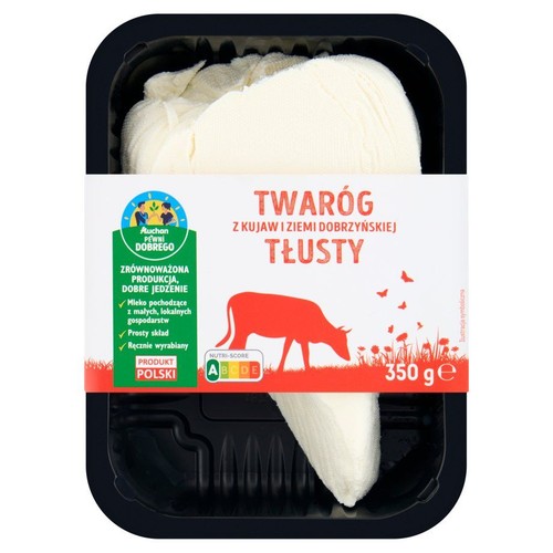 Polski twaróg tłusty Auchan Pewni Dobrego, 350 gramów. W czarnej tacce, z etykietą z krową.