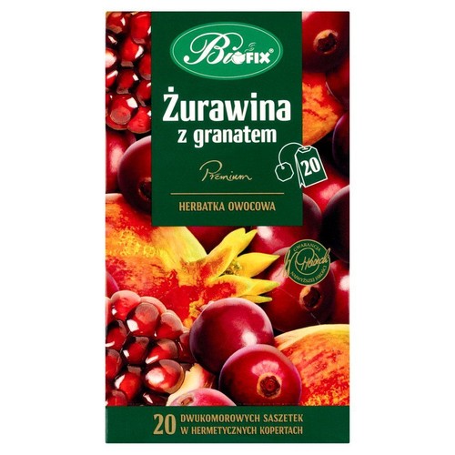Zielono-czerwone opakowanie herbaty BioFIX Żurawina z granatem. 20 saszetek herbatki owocowej. Grafika owoców.