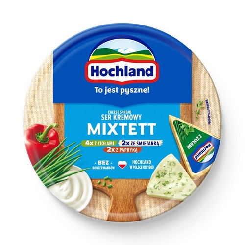 Hochland Ser Kremowy Mixtett. Opakowanie zawiera 4x zioła, 2x śmietanka, 2x papryka. Bez konserwantów.