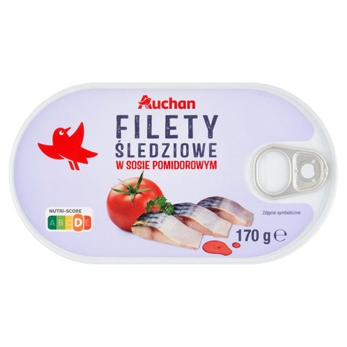 Owalna puszka Auchan Filety Śledziowe w Sosie Pomidorowym, 170 g. Na wieczku ilustracja filetów, pomidora i sosu.