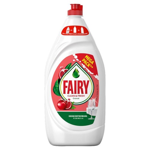 Płyn do mycia naczyń Fairy Granat, skoncentrowana formuła, 1.35 litra. Czerwona etykieta z owocami granatu.