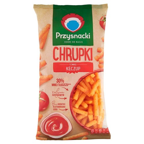 Opakowanie Przysnacki Chrupki Keczupowe. Produkt zawiera 30% mniej tłuszczu i olej rzepakowy. Bez glutaminianu sodu.