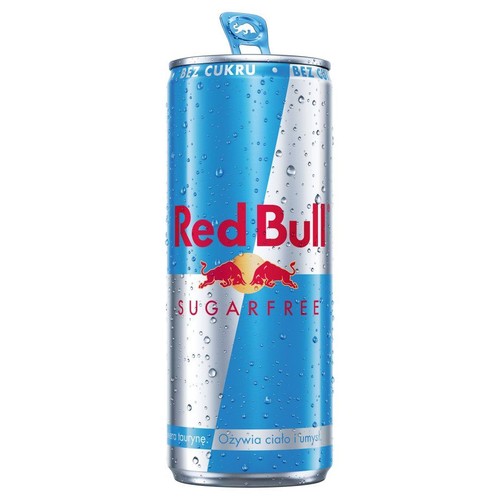 Srebrno-niebieska puszka Red Bull Bez Cukru z otwartym wieczkiem.