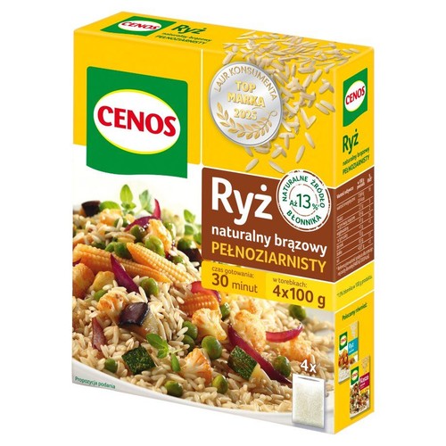 Żółte opakowanie ryżu brązowego pełnoziarnistego marki CENOS. Na froncie duży napis "Ryż" i "PEŁNOZIARNISTY". Zawiera 4 torebki po 100g. Jest naturalnym źródłem błonnika. Na opakowaniu widnieje propozycja podania z warzywami.