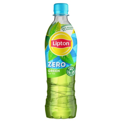 Butelka Lipton Zero Green Ice Tea. Przezroczysta butelka z zieloną etykietą, logo Lipton i niebieską zakrętką.
