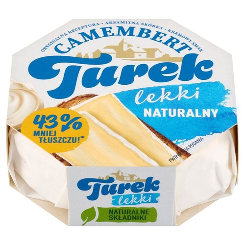 Ser Camembert Turek lekki, naturalny, z aksamitną skórką i kremowym smakiem. Zawiera 43% mniej tłuszczu.