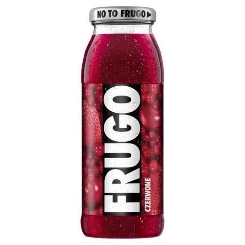 Butelka napoju Frugo Czerwone z etykietą przedstawiającą truskawki i maliny. Na zakrętce widnieje napis "NO TO FRUGO".