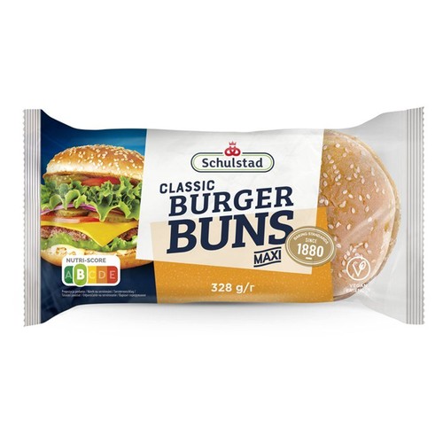 Przezroczyste opakowanie bułek Schulstad Classic Burger Buns Maxi, 328g. Widać dwie okrągłe bułki posypane sezamem. Na etykiecie zdjęcie burgera i informacja o wegańskim składzie oraz standardzie pieczenia od 1880 roku.