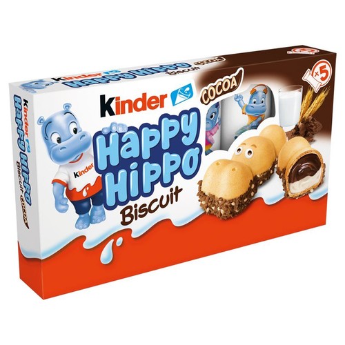 Kinder Happy Hippo Biscuit Cocoa, białe opakowanie z rysunkiem hipopotama i 5 wafelkami.