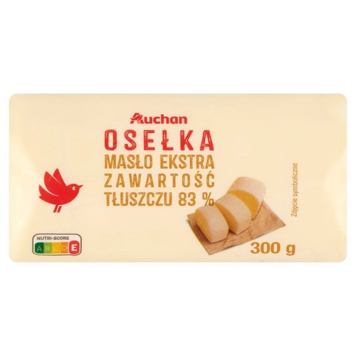 Masło ekstra Auchan Osełka, 300 gramów, 83% tłuszczu. Prostokątne opakowanie z logo i nazwą produktu.