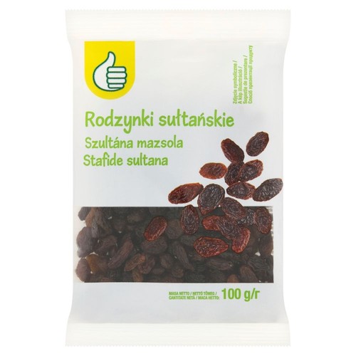Biała torebka rodzynek sułtańskich 100g z przezroczystym okienkiem, ukazującym ciemne, suszone owoce.