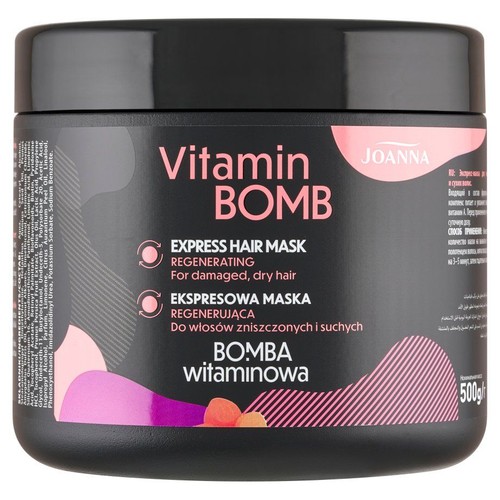 Czarny słoik maski do włosów Joanna Vitamin BOMB, 500g. Maska regenerująca do włosów zniszczonych i suchych.