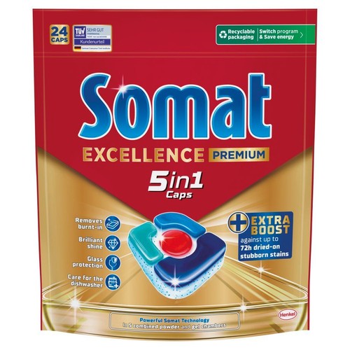 Opakowanie 24 kapsułek Somat Excellence Premium 5in1 do zmywarki. Zapewniają lśniący połysk i ochronę szkła.