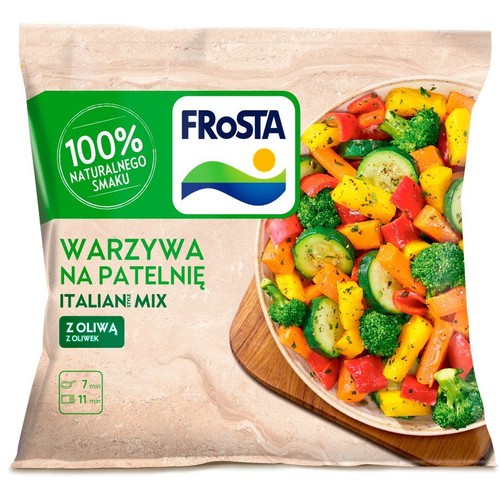 Opakowanie Frosta Warzywa na Patelnię Italian Mix z oliwą z oliwek. Na opakowaniu miska z brokułami, cukinią, papryką i marchewką.