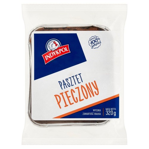 Opakowanie pasztetu pieczonego Indykpol, 320g. Na etykiecie logo Indykpol i gwarancja 100% jakości.