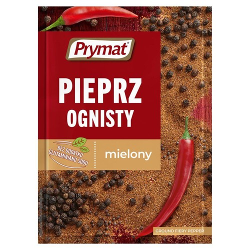 Produkt Prymat Mielony Pieprz Ognisty w czerwonym opakowaniu. Na froncie widoczne są ziarna czarnego pieprzu, mielona czerwona papryka oraz dwie świeże papryczki chili. Etykieta informuje, że produkt jest bez dodatku glutaminianu sodu.