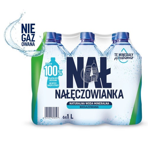 Zgrzewka sześciu butelek naturalnej wody mineralnej Nałęczowianka, niegazowanej, każda o pojemności 1 litra. Butelki wykonane są w 100% z plastiku z recyklingu, z wyjątkiem zakrętki i etykiety.