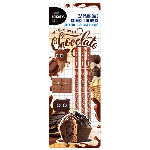 Opakowanie produktu KIDEA "Zapachowe gumki i ołówki" z serii "Zakochani w czekoladzie". Na białym tle z siatką widnieją grafiki czekoladowych deserów: lody w wafelku, ciastka, babeczka. Obok trzy ołówki i cztery gumki w kształcie czekolady.