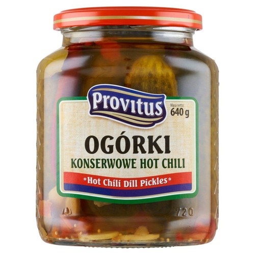 Prowitus Ogórki Konserwowe Hot Chili w szklanym słoiku z czerwoną zakrętką. Masa netto 640g, masa po odcieku 300g.