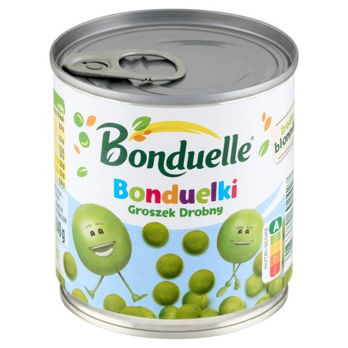 Bonduelle Bonduelki Groszek Drobny w puszce, 200g. Etykieta z rysunkami zielonych groszków.