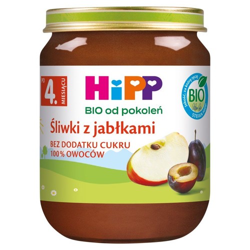 Mus owocowy HiPP Śliwki z jabłkami w słoiczku. Produkt BIO, bez dodatku cukru, 100% owoców. Przeznaczony dla dzieci po 4. miesiącu.