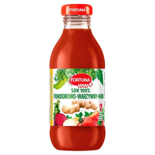 Produkt Fortuna WW+ Sok 100% Pomidorowo-Warzywny+Imbir w przezroczystej butelce. Etykieta zawiera nazwę produktu oraz grafiki warzyw: pomidora, marchwi, buraka, cebuli i korzenia imbiru. Widoczny napis "Wspiera trawienie".