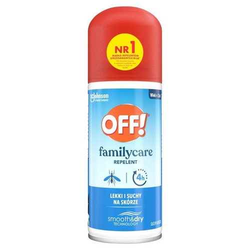 Aerozol OFF! Familycare 100ml, repelent przeciw komarom. Biało-niebieska puszka z czerwoną nakrętką, informacja o 4h ochronie.