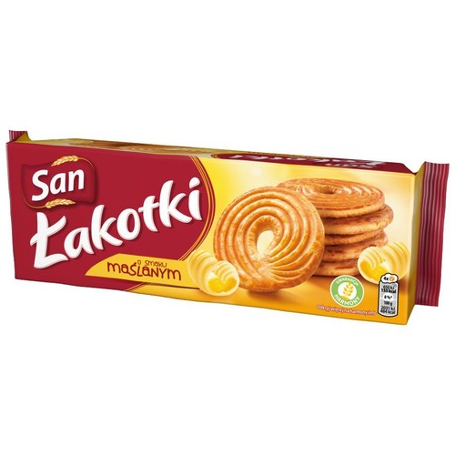 Opakowanie ciastek San Łakotki o smaku maślanym. Na czerwono-żółtym tle grafika okrągłych ciastek i kawałków masła.