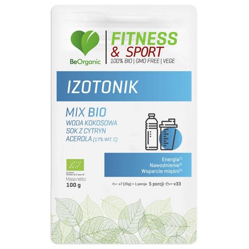 Opakowanie izotoniku BeOrganic Fitness & Sport, 100% BIO, wegańskiego i bez GMO. Na etykiecie widnieje nazwa "IZOTONIK MIX BIO" oraz skład: woda kokosowa, sok z cytryn, acerola. Produkt o masie netto 100 g, przeznaczony do wsparcia energii, nawodnienia i mięśni.