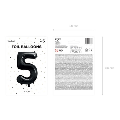 Balon foliowy Cyfra '5' 86cm czarny (1 op. / 1 szt.) PartyDeco 1 sztuka