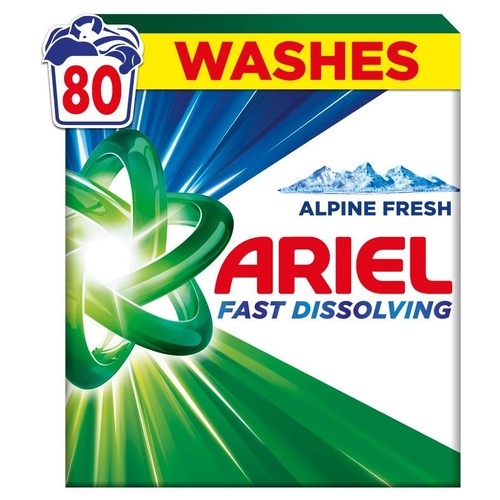 Proszek do prania Ariel, wariant Alpine Fresh, 80 prań. Na opakowaniu grafika gór i zielonych wstęg.