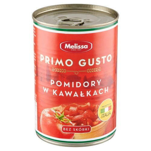 Produkt Melissa Primo Gusto: pomidory w kawałkach, bez skórki. Puszka ma czerwoną etykietę z nazwą marki i produktu. Na etykiecie widoczna flaga Włoch i informacja o pochodzeniu.