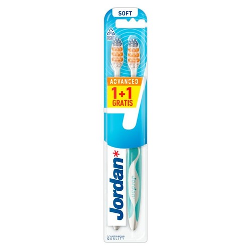 Miękka szczoteczka Jordan Advanced, 1+1 gratis, w blistrze z recyklingowanego plastiku.