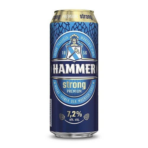 Produkt: piwo Hammer Strong Premium w puszce. Puszka ma niebieski kolor z metalicznym złotym wieczkiem. Na etykiecie znajduje się logo z młotem na tarczy oraz informacja o 7,2% zawartości alkoholu. Widoczne są też grafiki szyszek chmielu.