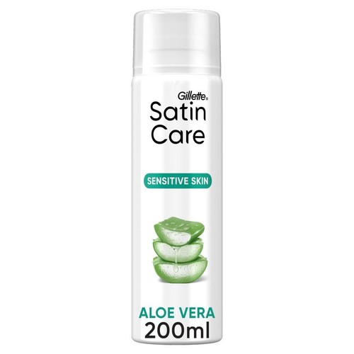 Biała puszka Gillette Satin Care dla skóry wrażliwej z aloesem, 200ml.