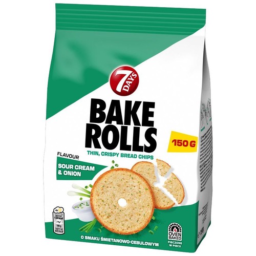 Paczka 7 Days Bake Rolls, cienkich, chrupiących chipsów chlebowych. Smak śmietana z cebulą, waga 150 g. Pieczone w piecu.