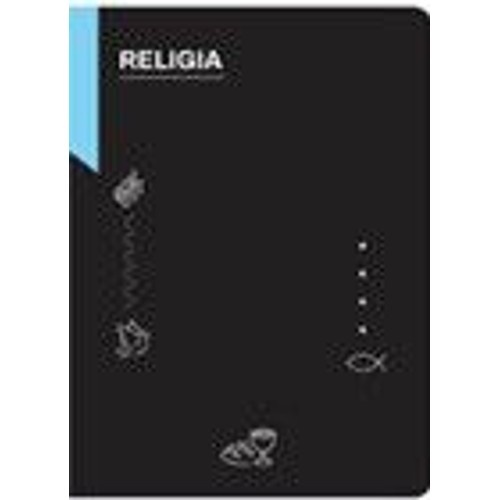 Czarna okładka książki lub notesu z pionowym niebieskim paskiem po lewej stronie. Na górze widnieje biały napis "RELIGIA". Okładka ozdobiona jest białymi, stylizowanymi ikonami: dłoń, falista linia, gołąb, cztery kropki, symbol ryby i kielich.