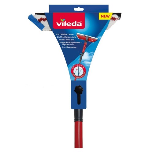 Nowa ściągaczka Vileda 2 w 1 do okien, z drążkiem. Produkt w niebiesko-białym opakowaniu.