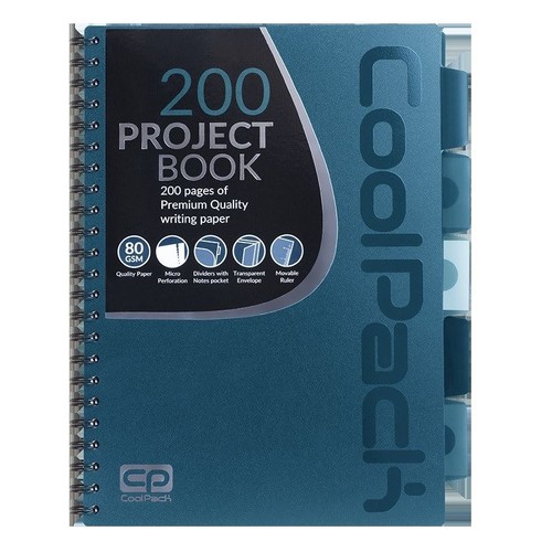 Notatnik CoolPack 200 Project Book w kolorze turkusowym, spiralny. Zawiera 200 stron wysokiej jakości papieru 80 GSM z mikroperforacją. Posiada przekładki z kieszeniami na notatki, przezroczystą kopertę i ruchomą linijkę.