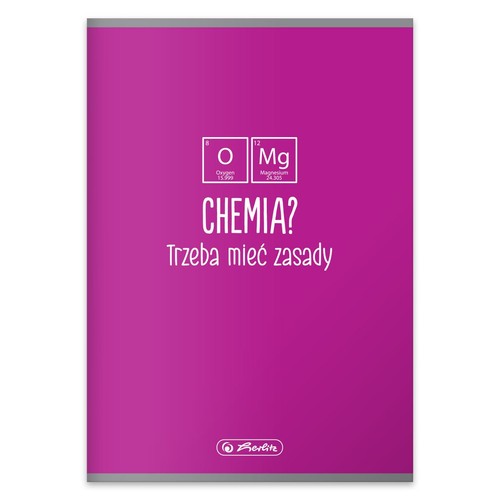 Fioletowy zeszyt marki Herlitz z okładką w kolorze magenty. Na okładce widnieje grafika z symbolami pierwiastków chemicznych: tlenu (O) i magnezu (Mg), a także napis "CHEMIA? Trzeba mieć zasady". Idealny dla uczniów.